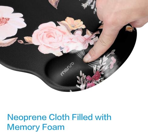 MOSISO Mouse Pad with Wrist Rest Support, Peony Ergonomic Mousepad Non-Slip Base Comfortable Home/Office Pain Relief & Easy Typing Cushion for Laptop with Neoprene Cloth & Raised Memory Foam, Black in Saudi Arabia
