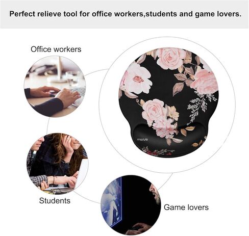 MOSISO Mouse Pad with Wrist Rest Support, Peony Ergonomic Mousepad Non-Slip Base Comfortable Home/Office Pain Relief & Easy Typing Cushion for Laptop with Neoprene Cloth & Raised Memory Foam, Black in Saudi Arabia
