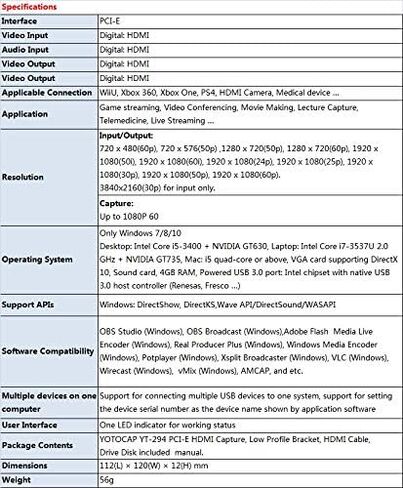 YT-294 PCI-E 4K Video Capture Card HDMI HD Video Capture HDMI Output 1080p 60p Full HD Recorded UVC Plug and Play Support OBS Studio Live Streaming in Kuwait