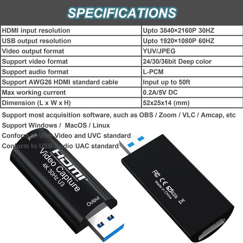 بطاقة التقاط فيديو 4K HDMI USB 3.0 1080P30hz 60FPS Cam Link Card Game Capture Card Screen Video Record Game Capture Card للبث، تستخدم لـ OBS/VLC/Amcap/الكاميرا/الكمبيوتر/التبديل/Xbox in Saudi Arabia