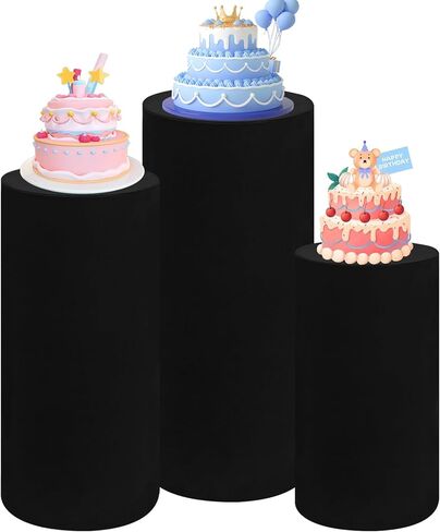 Set of 3 Spandex Cylinder Pedestal Stand Covers Stretchable Pillar Covers for Metal Cylinder Pedestal Stands Elastic Cylinder Plinth Display Covers for Baby Shower Birthday Decor（Big, Black） in Saudi Arabia