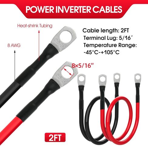 8 AWG Battery Cable 8 Gauge Power Inverter Cables with 5/16 Inch Lugs Both Ends for Solar Boat Marine RV Car 2 Pack (1FT) in Kuwait