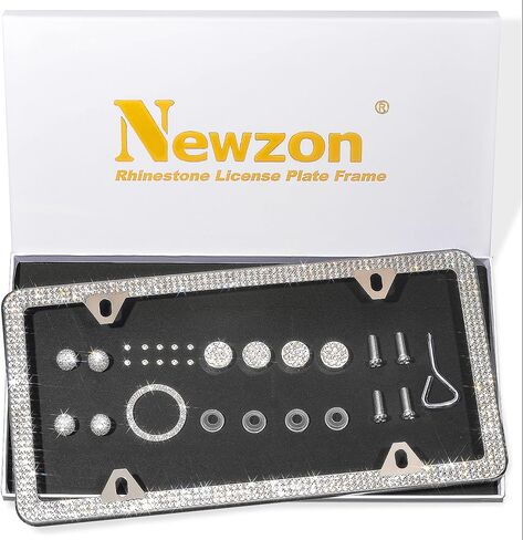 Newzon 4 ثقوب حجر الراين إطارات لوحة الترخيص ضئيلة الفولاذ المقاوم للصدأ البولندية مرآة إطار لوحة الترخيص 2 قطعة لوحة ترخيص السيارة يغطي الأبيض بلينغ الجبهة الخلفية حامل إطارات in Saudi Arabia