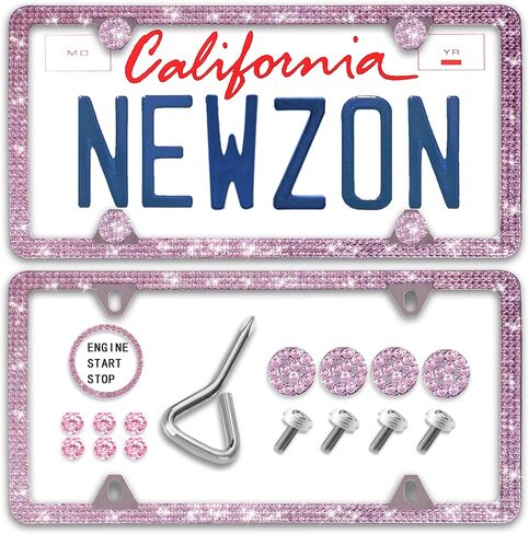 Newzon 4 ثقوب حجر الراين إطارات لوحة الترخيص ضئيلة الفولاذ المقاوم للصدأ البولندية مرآة إطار لوحة الترخيص 2 قطعة لوحة ترخيص السيارة يغطي الأبيض بلينغ الجبهة الخلفية حامل إطارات in Saudi Arabia