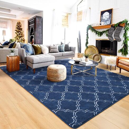 HOMORE Shag Area Rug for Living Room, 6x9 Memory Foam Rugs for Boys Bedroom, Fluffy Modern Indoor Area Rug and Carpets for Children Kids Nursery Bedside Play Room Decor, Navy/White in Saudi Arabia