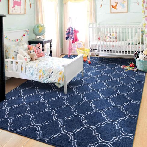 HOMORE Shag Area Rug for Living Room, 6x9 Memory Foam Rugs for Boys Bedroom, Fluffy Modern Indoor Area Rug and Carpets for Children Kids Nursery Bedside Play Room Decor, Navy/White in Saudi Arabia
