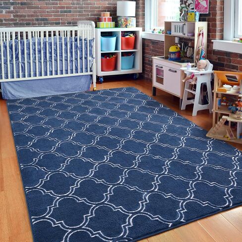 HOMORE Shag Area Rug for Living Room, 6x9 Memory Foam Rugs for Boys Bedroom, Fluffy Modern Indoor Area Rug and Carpets for Children Kids Nursery Bedside Play Room Decor, Navy/White in Saudi Arabia