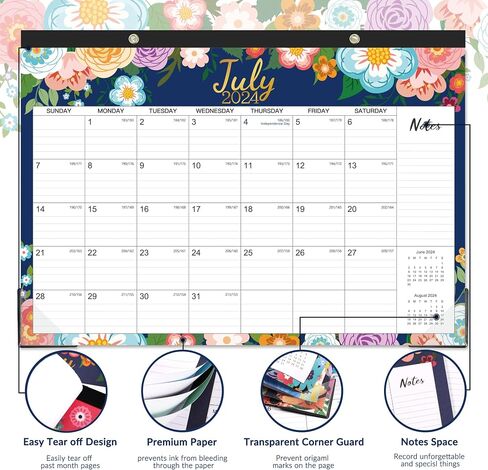 2024-2025 Desk Calendar - Desk Calendar 2024-2025 from JUL. 2024 - DEC. 2025, 17" x 12", 18 Monthly Desk/Wall Calendar 2-in-1, Thick Paper with 2 Corner Protectors, Large Unruled Blocks - Blue Floral in Saudi Arabia