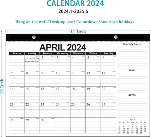 WAVEYU 2024 Desk Wall Calendar, Monthly Desk Pad for Men Women, Calendar for Table Office Home School, 17" x 12", January 2024 - June 2025, Black in Kuwait