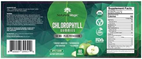 مزيل العرق الداخلي من Nature's Magic Chlorophyll Gummies، يدعم التخلص من سموم البشرة والجسم الصحي، 50 مجم بنكهة التفاح بالإضافة إلى البوتاسيوم، عضوي ونباتي... in Kuwait