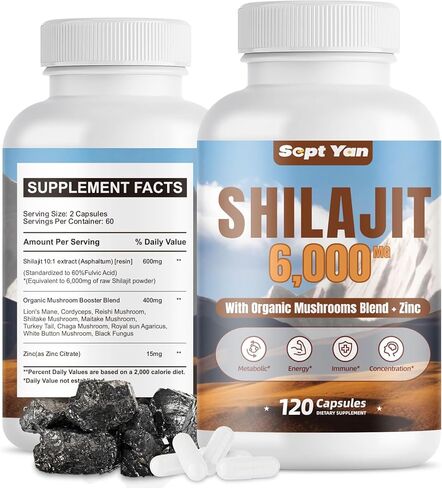 Shilajit Himalayan Capsules - Pure Himalayan Organic Supplement with Mushrooms Blend, Zinc - 2 Month Supply for Strength, Stamina, Brain & Immune Health - Shilajit for Women & Men 120 Count Vegan in Saudi Arabia