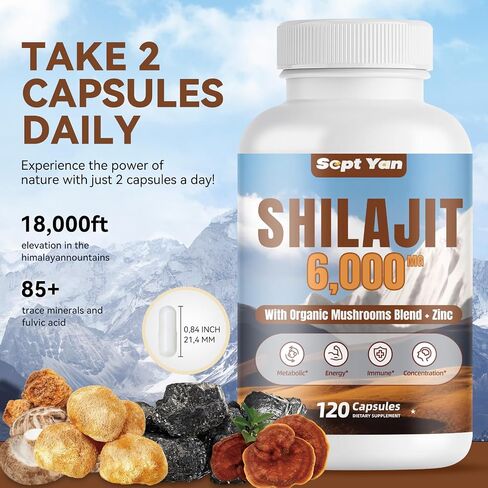Shilajit Himalayan Capsules - Pure Himalayan Organic Supplement with Mushrooms Blend, Zinc - 2 Month Supply for Strength, Stamina, Brain & Immune Health - Shilajit for Women & Men 120 Count Vegan in Saudi Arabia