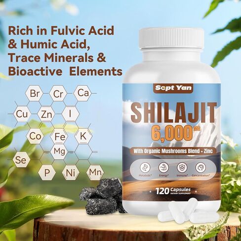 Shilajit Himalayan Capsules - Pure Himalayan Organic Supplement with Mushrooms Blend, Zinc - 2 Month Supply for Strength, Stamina, Brain & Immune Health - Shilajit for Women & Men 120 Count Vegan in Saudi Arabia