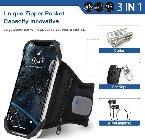 Running Phone Armband, 3 in 1 Bike Phone Mount + Running Armband + Running Phone Holder Wristband, 360° Rotatable Bicycle Phone Holder with Key & Card and Headphone Slot for 4.5''-7'' iPhone Samsung in Kuwait