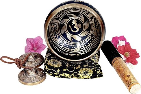Large 5 Inch Tibetan Peace Mind Sound Singing Bowl Tingsha Cymbals Set - With Mallet and Cushion, Additional Gifts Inside - for Yoga, Meditation WITH BRASS MAZIRA FREE in Kuwait