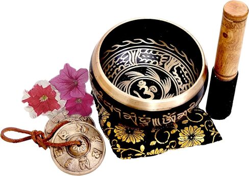 Large 5 Inch Tibetan Peace Mind Sound Singing Bowl Tingsha Cymbals Set - With Mallet and Cushion, Additional Gifts Inside - for Yoga, Meditation WITH BRASS MAZIRA FREE in Kuwait