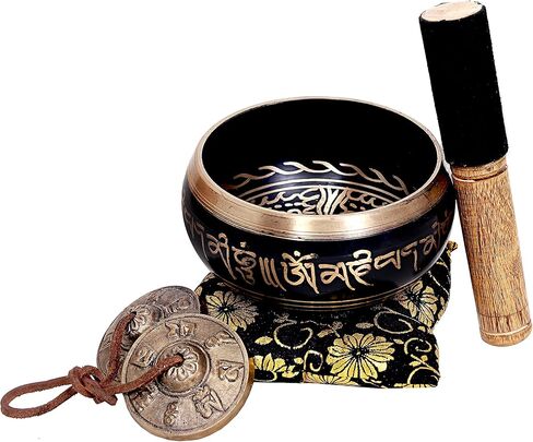 Large 5 Inch Tibetan Peace Mind Sound Singing Bowl Tingsha Cymbals Set - With Mallet and Cushion, Additional Gifts Inside - for Yoga, Meditation WITH BRASS MAZIRA FREE in Kuwait