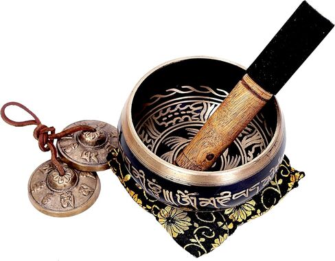 Large 5 Inch Tibetan Peace Mind Sound Singing Bowl Tingsha Cymbals Set - With Mallet and Cushion, Additional Gifts Inside - for Yoga, Meditation WITH BRASS MAZIRA FREE in Kuwait