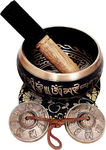 Large 5 Inch Tibetan Peace Mind Sound Singing Bowl Tingsha Cymbals Set - With Mallet and Cushion, Additional Gifts Inside - for Yoga, Meditation WITH BRASS MAZIRA FREE in Kuwait
