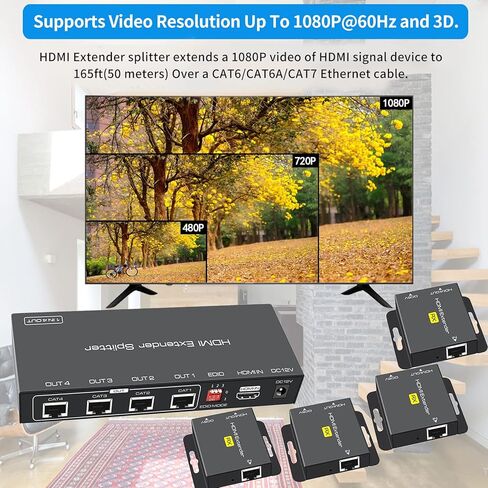 HDMI Extender Splitter 1 in 4 Out Hub 165ft Over Ethernet CAT6 CAT7 to HDMI Converter RJ45 Ethernet POC LAN Extension Transmitter Receiver Set 1080P Single Power Supply Compatible with PC PS4 in Kuwait