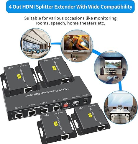 HDMI Extender Splitter 1 in 4 Out Hub 165ft Over Ethernet CAT6 CAT7 to HDMI Converter RJ45 Ethernet POC LAN Extension Transmitter Receiver Set 1080P Single Power Supply Compatible with PC PS4 in Kuwait