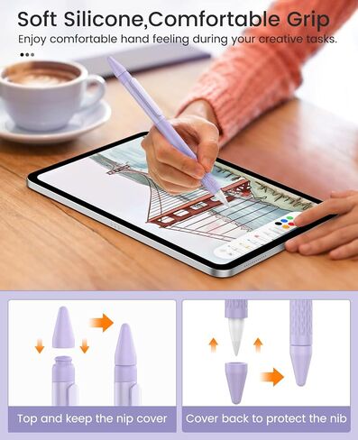 حافظة قلم رصاص من السيليكون من MoKo لقلم Apple الجيل الأول، غطاء من السيليكون خفيف الوزن لقلم Apple Pencil مضاد للانزلاق ومقبض iPad مع مشبك، 3 رؤوس، أرجواني القلقاس in Saudi Arabia