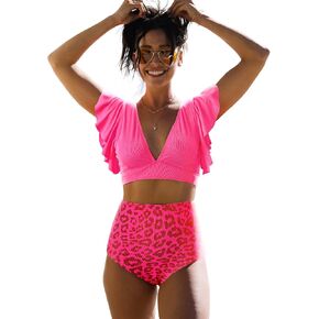 SPORLIKE Women Ruffle High Waist Swimsuit Two Pieces Push Up Tropical Print Bikini