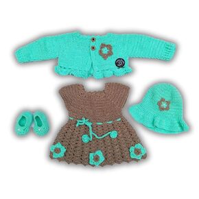 Handmade Crochet Girls Frock Jacket Sweater with Cap & Shoes for Wedding Birthday Photography Baby Showers New Born 0M-3Y (12 Months - 24 Months, GREEN-GREY)