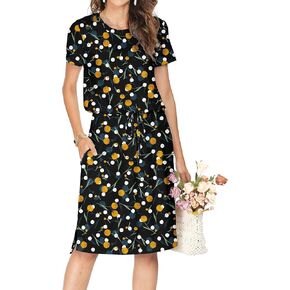 Womens Summer Hide Belly Knee Length Travel Dress Pocket 2025 Spring Short Sleeve Midi Work Casual Teacher Outfits