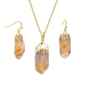 Crystal Points Rough Stone Citrine Earrings and Necklace Jewelry Set for Women, Yellow Gold Tone