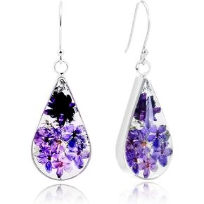 925 Sterling Silver Pressed Flower Teardrop Earrings,Hypoallergenic Women's Jewelry Gift for Mom,Handmade natural dried flower teardrop earrings Jewelry Gift