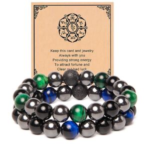 2Pcs Tigers Eye Bracelets Men Women-Tiger Eyes Black Tourmaline Obsidian Hematite Lava Chakra Beaded Bracelets Men Women- Crystal Anxiety Bracelets for Women Men Dad Mom Son Daughter Friends