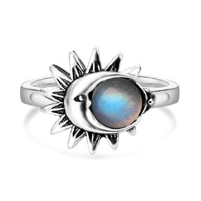 Natural Blue Lapis Lazuli Quartz Stone Ring,Retro 925 Sterling Silver Genuine Real Round Crystal Gemstone Ring,Sun Moon Statement Boho Bohemian Ring for Women (A08_Lapis Lazuli, 7)