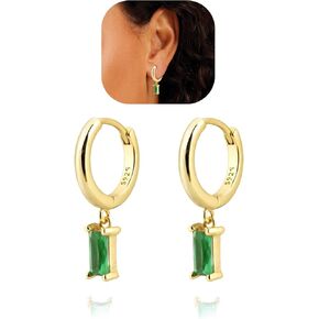 Baguette Drop Huggie Hoop Earrings, Natural Crystal Dangle Drop Earrings, 14K Gold Plated Hypoallergenic Small Hoop Drop Earrings for Women Girls Gifts (Pink) in Kuwait
