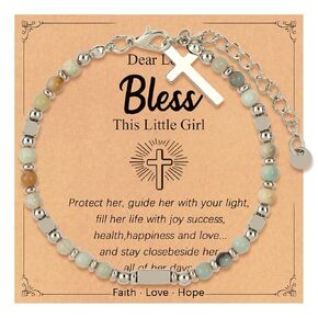 Tiny Gemstone Beaded Bracelets, Dainty Cross Bracelet for Women, Christian Bracelets for Women Faith Bracelet Religious Jesus Bracelet for Women Friends Jewelry (Blessed-Rose Quartz)