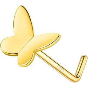 925 Sterling Silver Gold L Shaped Nose Rings Stud for Women - 14k Gold Plated 20g Heart/Star/Flower/Butterfly/Ball/Pearl Nose Stud, Hypoallergenic Gold Nose Piercings Jewelry (Gold Tri-CZ Flower) in Kuwait
