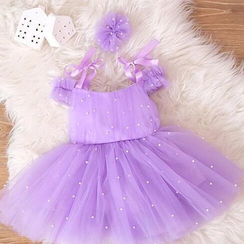 Baby Tulle Dress Ball Gown - Toddler First Birthday Party Outfit - One Shoulder Dress with Pearls - Off-Shoulder Style for Baby Girls - Elegant Tulle Gown for Weddings & Special Occasions in Kuwait