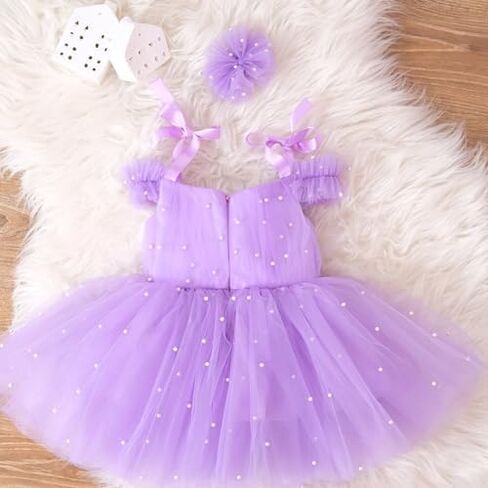 Baby Tulle Dress Ball Gown - Toddler First Birthday Party Outfit - One Shoulder Dress with Pearls - Off-Shoulder Style for Baby Girls - Elegant Tulle Gown for Weddings & Special Occasions in Kuwait