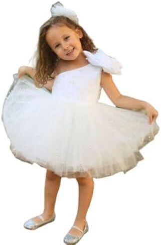 Baby Tulle Dress Ball Gown - Toddler First Birthday Party Outfit - One Shoulder Dress with Pearls - Off-Shoulder Style for Baby Girls - Elegant Tulle Gown for Weddings & Special Occasions in Kuwait