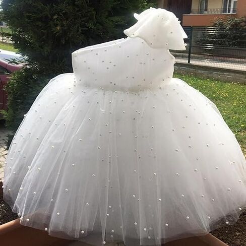 Baby Tulle Dress Ball Gown - Toddler First Birthday Party Outfit - One Shoulder Dress with Pearls - Off-Shoulder Style for Baby Girls - Elegant Tulle Gown for Weddings & Special Occasions in Kuwait