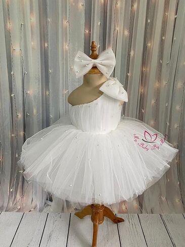 Baby Tulle Dress Ball Gown - Toddler First Birthday Party Outfit - One Shoulder Dress with Pearls - Off-Shoulder Style for Baby Girls - Elegant Tulle Gown for Weddings & Special Occasions in Kuwait