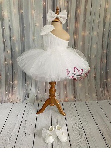 Baby Tulle Dress Ball Gown - Toddler First Birthday Party Outfit - One Shoulder Dress with Pearls - Off-Shoulder Style for Baby Girls - Elegant Tulle Gown for Weddings & Special Occasions in Kuwait