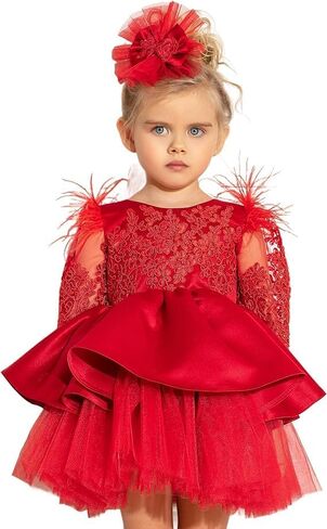 Baby Girl Bowknot Long Sleeve Tutu Dress - Infant Toddler Mini Lace & Feather Flower Girl Party Outfit - Perfect for Christmas & Special Occasions (US, Age, 1 Year, Pink Satin) in Kuwait