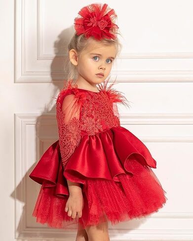 Baby Girl Bowknot Long Sleeve Tutu Dress - Infant Toddler Mini Lace & Feather Flower Girl Party Outfit - Perfect for Christmas & Special Occasions (US, Age, 1 Year, Pink Satin) in Kuwait