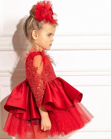 Baby Girl Bowknot Long Sleeve Tutu Dress - Infant Toddler Mini Lace & Feather Flower Girl Party Outfit - Perfect for Christmas & Special Occasions (US, Age, 1 Year, Pink Satin) in Kuwait
