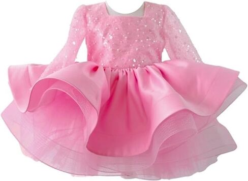 Baby Girl Bowknot Long Sleeve Tutu Dress - Infant Toddler Mini Lace & Feather Flower Girl Party Outfit - Perfect for Christmas & Special Occasions (US, Age, 1 Year, Pink Satin) in Kuwait