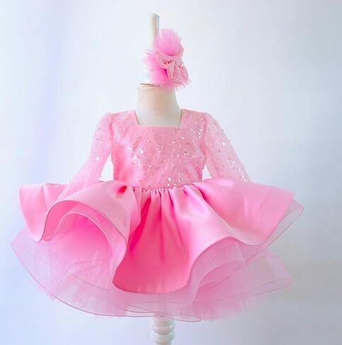 Baby Girl Bowknot Long Sleeve Tutu Dress - Infant Toddler Mini Lace & Feather Flower Girl Party Outfit - Perfect for Christmas & Special Occasions (US, Age, 1 Year, Pink Satin) in Kuwait