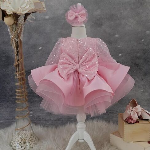 Baby Girl Bowknot Long Sleeve Tutu Dress - Infant Toddler Mini Lace & Feather Flower Girl Party Outfit - Perfect for Christmas & Special Occasions (US, Age, 1 Year, Pink Satin) in Kuwait