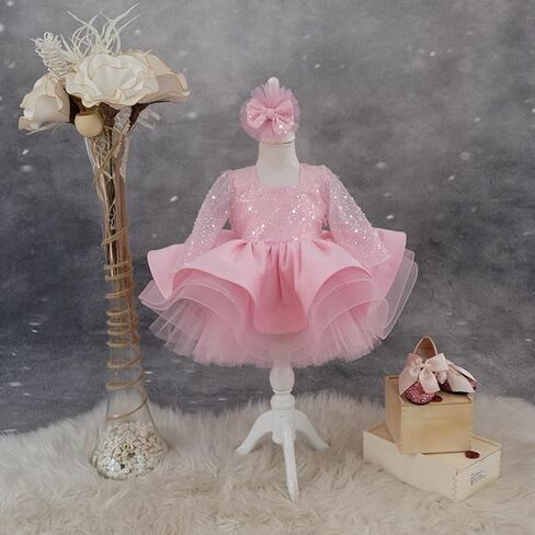 Baby Girl Bowknot Long Sleeve Tutu Dress - Infant Toddler Mini Lace & Feather Flower Girl Party Outfit - Perfect for Christmas & Special Occasions (US, Age, 1 Year, Pink Satin) in Kuwait