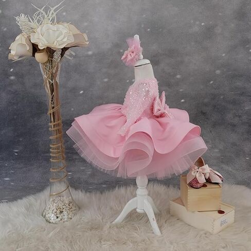 Baby Girl Bowknot Long Sleeve Tutu Dress - Infant Toddler Mini Lace & Feather Flower Girl Party Outfit - Perfect for Christmas & Special Occasions (US, Age, 1 Year, Pink Satin) in Kuwait